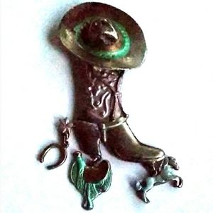 VINTAGE Silver Tone Cowboy Boot Horshoe Charms Pin